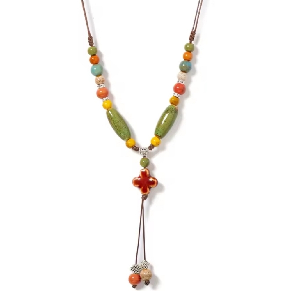 New! Earthy Ceramic Cross Necklace | Beaded Adjustable Wax Cord | (1035gh) NWOT